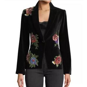 Alice + Olivia Hix Embellished Velvet Blazer In Black Size 2 Embroidered Floral